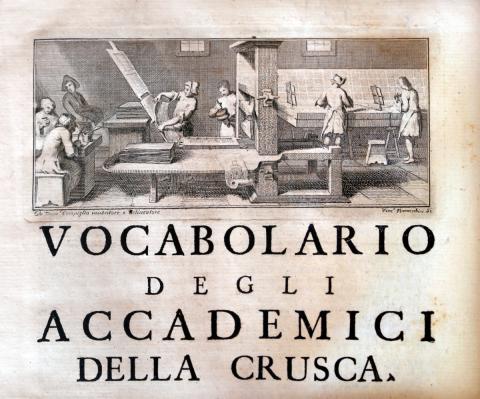 Vocabolario degli accademici della crusca, IV edizione, 1729-38, 02 incisione di un frontespizio